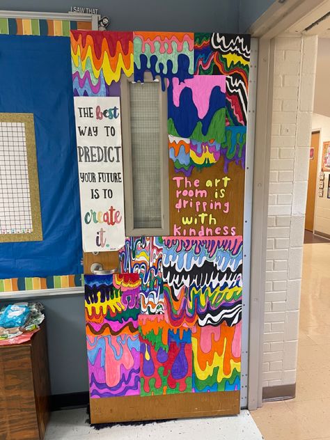 Door art class school room decor Jen Stark Drip Colorful Trippy Art Room Expectations, Jen Stark Drip Art Lesson, Highschool Bulletin Board Ideas, Diy Art Room Decor, Art Door Ideas, Art Class Bulletin Boards Elementary, Art Class Door Ideas, Art Teacher Door Decorations, Jen Stark Art Lesson