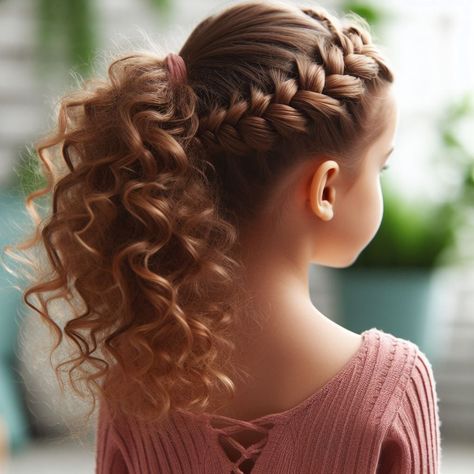 French Braid Hairstyle for Girl Kids with Short curly hairs Curly Ponytail Braid, French Style Braids, Short Flower Girl Hair, Hair For Dance Recital, Flower Girl Hairstyles Curly Hair, Curly Hairstyles For Girls Kids, Cute Hairstyles For Curly Hair Kids, Flower Girl Hairstyles Short Hair, French Braid Hairstyles For Kids