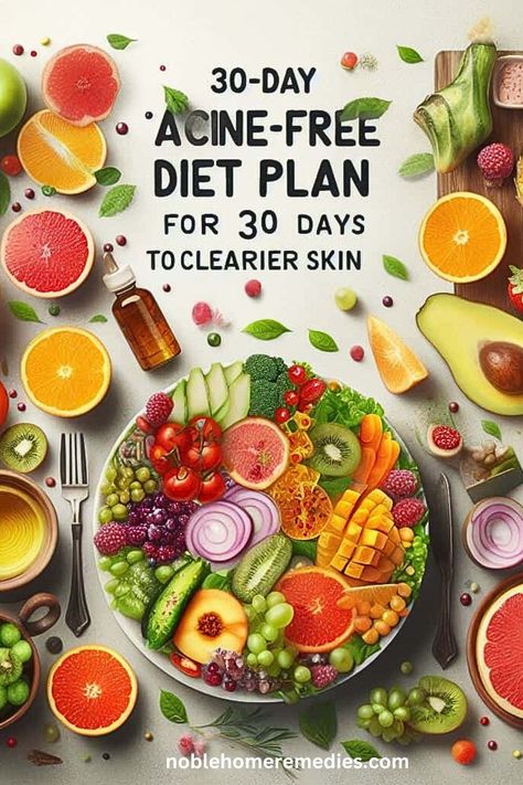 A 30-day acne-free diet plan to achieve clearer, healthier skin. Discover skin-loving foods and a holistic approach to skincare for a radiant complexion. Foods To Eat For Good Skin, Essen, Healthy Skin Diet Acne, Clear Skin Diet Meal Plan, Diet For Pimple Free Skin, Foods To Avoid For Acne Clear Skin, Best Diet For Acne Prone Skin, Acne Food Recipes, Low Glycemic Diet For Acne