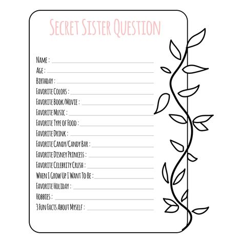 Printable Secret Sister Questionnaire Secret Sister Questionnaire Printable, Secret Sisters Questionnaire, Secret Sister Forms Free Printable, Secret Sister Note Ideas, Secret Sister Questionnaire For Church, Secret Sister Questionnaire Free Printables, Secret Sister Ideas, Secret Pal Questionnaire, Secret Sisters Ideas For Church