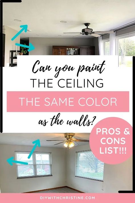 Pros & Cons Of Painting The Ceiling The Same Color As The Walls – DIY With Christine Neutral Living Room Ceiling Fan, Sherwin Williams White Ceiling Paint, Ceiling Paint Colors Bedroom, Sherwin Williams Ceiling Paint Colors, Trim And Ceiling Paint Colors, Best Ceiling Colors White, Off White Ceiling Paint, Colored Bathroom Ceiling, Sherwin Williams Ceiling Color