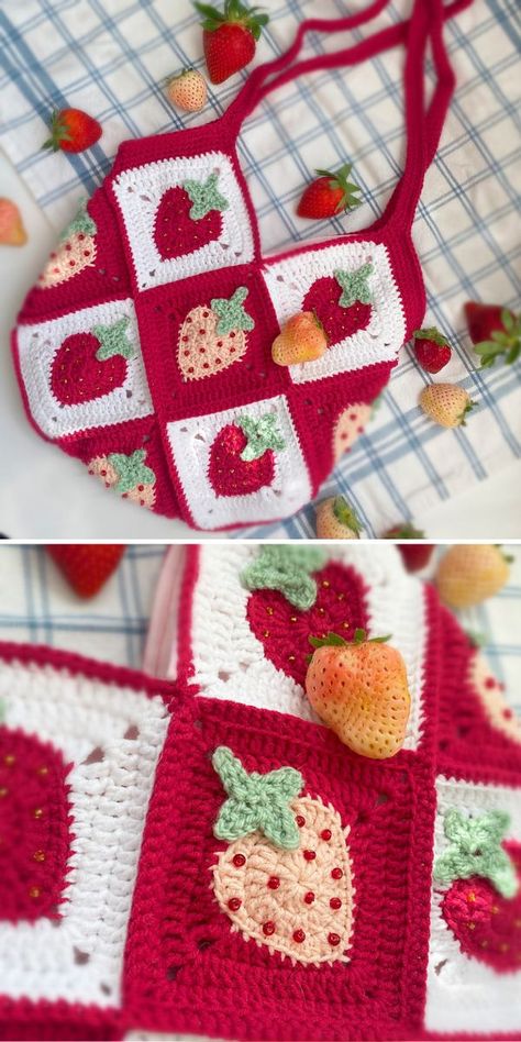 Amigurumi Patterns, Granny Square Grocery Bag, Tapestry Crochet Granny Square, Hibiscus Crochet Bag Pattern, Crochet Strawberry Doily, Fruit Granny Square Crochet Free Pattern, Strawberry Crochet Bag Pattern, Cute Crochet Bags Free Pattern, Crochet Bag Strawberry