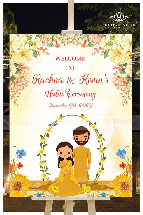 Buy Haldi Welcome Signages as Haldi Signs Haldi Ceremony Signs & Online in India - Etsy Indian Haldi Decor, Gaye Holud, Unique Wedding Signs, Ladies Sangeet, Haldi Decor, Rangoli Designs Simple Diwali, Haldi Outfits, Royal Indian, Indian Couple