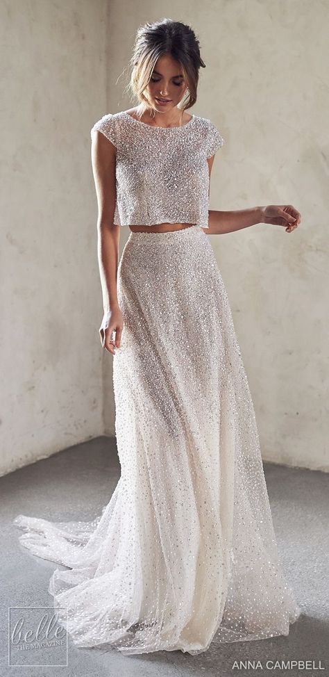 Modern A Line Dress, Wedding Dresses Simple Petite, Wide Leg Bridal Jumpsuit, Bridal Skirts And Tops, Hottest Wedding Dresses, Vegas Vow Renewal Outfit, Wedding Dresses Skirt And Top, Embellished White Dress, Plus Size Wedding Separates