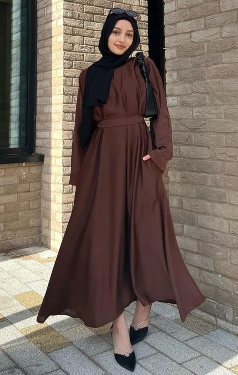 Dresses For Hijabi Girl, Brown Hijabi Outfits, Abaya Inspo Aesthetic, Dress For Hijab Girl, Outfit For Muslim Girl, Modest Hijabi Outfits Classy, Brown Dress Hijab, Dresses For Hijabis, Hijabi Dress Outfits