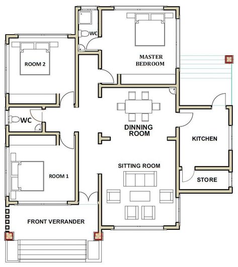 Closed Kitchen, Two Bedrooms House Plan, Simple 3 Bedroom House, Small House Design Floor Plan, Bungalow House Floor Plans, 4 Bedroom House Plan, 3 Bedroom House Plan, Modern Bungalow House Plans, Small Modern House Plans