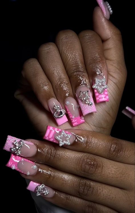 Medium Length Birthday Nail Designs, French Tips With Charms Short, Shorts Nails Idea, Birthday Nails Square Medium, Zodiac Sign Nails Acrylic, Sharp Square Nails, Nail Ideas With Charms, Acrylic Nails Girly, Nail Designs Square