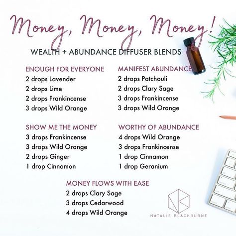 Abundance Essential Oil, Money Money Money, Doterra Diffuser Blends, Wealth Abundance, Doterra Essential Oils Recipes, Essential Oil Diffuser Blends Recipes, Essential Oils Guide, Essential Oil Diffuser Recipes, Oil Diffuser Recipes