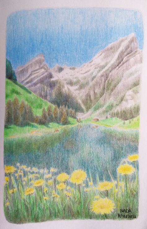 Landscape Painting Pencil Color, Drawing Landscapes Colored Pencil, Colored Pencil Mountain Landscape, How To Draw Water With Colored Pencil, Nature Drawing Colour Pencil, Mountains Drawing Color, Colored Pencil Water Drawing, Mountain Drawing Colored Pencil, Watercolor And Colored Pencil Illustration