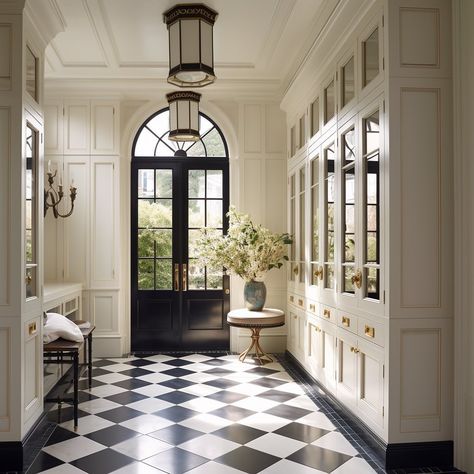 Entrance Lobby Design Apartment, Hall Entrance Arch Design, Lobby Design Apartment, Entrance Makeover, Checkerboard Flooring, Entryway Styling, Sas Entree, Elegant Entryway, Checkerboard Floor