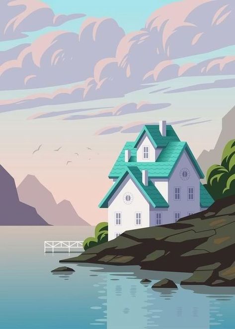 Art And Illustration, Posca Art, Kunst Inspiration, House Vector, House Illustration, Lukisan Cat Air, Landscape Illustration, Illustrations And Posters, Art Graphique