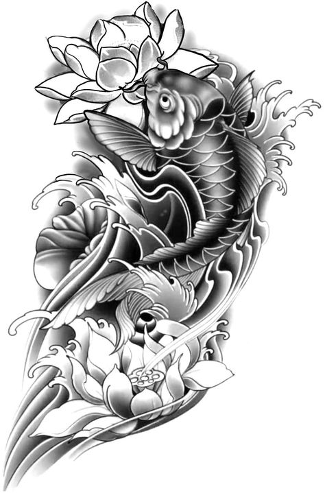 Black And Gray Koi Fish Tattoo, Koi Fish Sleeve Tattoo Design, Black Koi Fish Tattoo Design, Forearm Koi Fish Tattoo, Japanese Tattoo Art Koi, Coi Fish Tattoo Design, Koi Fish Tattoo Stencil, Tattoo Designs Koi Fish, Pez Koi Tattoo