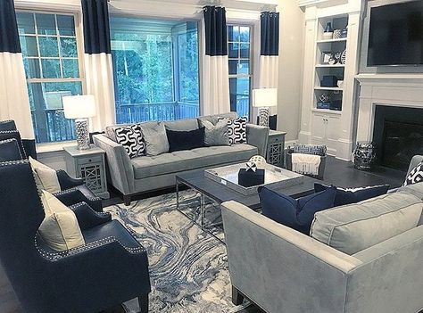 GATHERING SPACE GOALS!!! Definitely a 2018 favorite! #homedecor #interiordesign Living Room Decor Grey And Blue, Navy Blue And Grey Living Room, Blue Grey Living Room, Navy Living Rooms, Navy Blue Living Room, Blue Living Room Decor, Living Room Decor Gray, Glam Living Room, Living Room Color Schemes