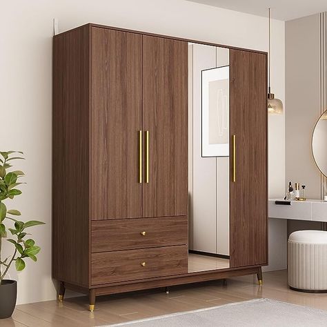 DiDuGo 4-Door Wardrobe Closet with Mirror & 2 Drawers, Armoire Wardrobe Closet with Hanging Rod, Armoire Closet with Wooden Legs, for Bedroom Brown (63”W x 18.9”D x 70.9”H) Cupboard Design With Mirror, Wooden Almirah Design Bedrooms, 4 Door Wardrobe Design, Wooden Wardrobe Design Bedroom, Organization Cupboard, Wardrobe Design Bedroom With Mirror, Wardrobe Color Ideas Bedroom, Wooden Wardrobe Ideas, Wood Wardrobe Design