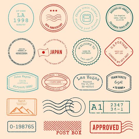 Vector of various stamp design | free image by rawpixel.com Retro Logos, Graphic Design Travel, Badges Ideas, Travel Stamp, Coffee Shop Logo, Motivation Poster, Passport Stamps, Awesome Designs, Alphabet Design