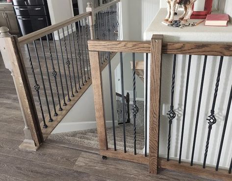 As soon as you contact us we will work with you to create the perfect baby gate or pet gate for you. This is a sliding baby gate that secures the top of the stairs. Gate Wood And Metal, Sliding Baby Gate, Wooden Stair Gate, Top Of Stairs Gate, Staircase Gate, Custom Baby Gates, Stair Gates, Diy Dog Gate, Baby Gate For Stairs