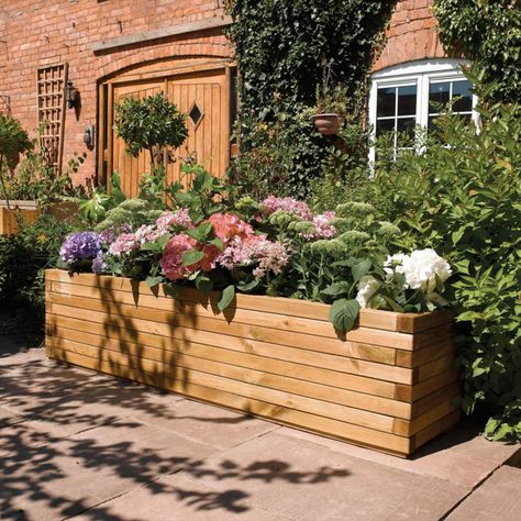 Rowlinson 5'10" Wide x 1'3" High x 1'3" Deep Oversized Wood Patio Planter - Walmart.com - Walmart.com Entrance Makeover, Wooden Patios, Wooden Planter, Vertical Planter, Patio Planters, Cut Flower Garden, Front Entrance, Backyard Inspo, Wooden Planters