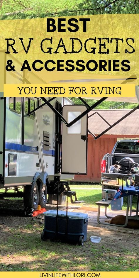 Best RV Gadgets and Accessories needed for the RV Lifestyle Rv Camping Essentials, Rv Must Haves, Trailer Camping Hacks, Camper Storage Ideas Travel Trailers, Rv Camping Accessories, Travel Trailer Accessories, Rv Gadgets, Rv Essentials, Best Travel Trailers