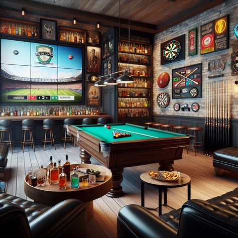 Relax in a spacious man cave complete with a vintage bar, luxurious leather recliners, and a high-grade pool table. Enjoy sports on a large flat-screen TV, games of pinball, or play darts. Vintage sports memorabilia decorates the walls in this ultimate entertainment space. #ManCave #HomeBar #VintageDecor #HomeEntertainment #GamesRoom #SportsMemorabilia. Luxury Entertainment Room, Basement Pool Table Room, Sophisticated Man Cave, Entertainment Room Ideas, Billiards Bar, Games Room Inspiration, Sophisticated Man, Leather Recliners, Entertainment Room Design