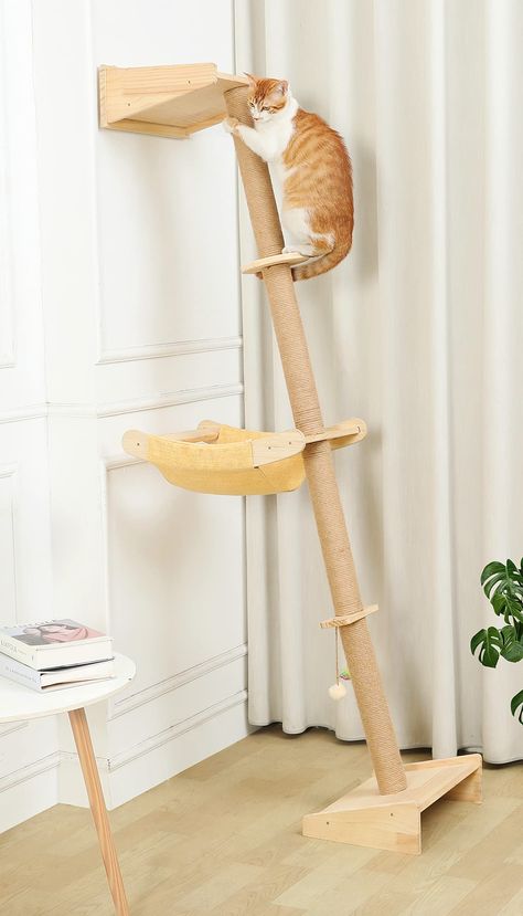 Wall Cat Tree with Hammock, 76" Tall Cat Wall Furniture Lean Against Wall Cats Climbing Tower for Active Indoor Climbers with Simply Suctions to Window Wall Cat Tree, Cats Climbing, Cat Climbing Tower, Cat Climbing Wall, Climbing Tower, Cat Climbing Tree, Cat Wall Shelves, Cat Wall Furniture, Pet Hammock