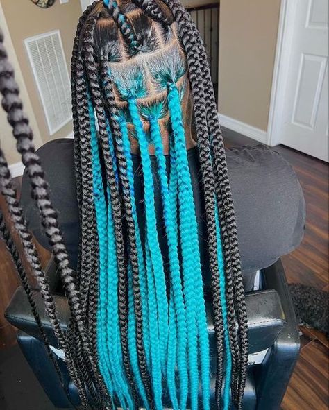 Braided Hairstyles With Blue Hair, Light Purple Peekaboo Braids, Box Braids Under Color, Neon Green Knotless Braids, Teal Peekaboo Braids, Light Blue Knotless Braids, Box Braids Inspo Color, Black And Teal Braids, Teal Box Braids