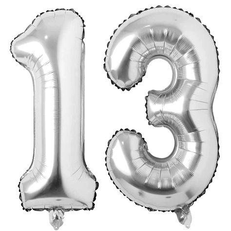 PRICES MAY VARY. 13 balloons, Silver number 13 foil mylar balloon 40 inch number balloons, Large number 13 balloons is perfect for 13th birthday anniversary party decorations。 Number 13 Mylar Balloon, Material: foil membrane Jumbo foil balloon 13 balloons，made of high-quality aluminum film.Please use the straw in the balloon set to inflate it slowly. 2 Pieces 40 Inch Silver number balloons:No.1 Silver number balloon + No.3 Silver number balloon . Please avoid filling more than 90% of air or heli 13 Balloons Number, 13 Balloons, 31st Birthday Party, 13 Anniversary, Bday Plans, Bday Decoration, 13 Number, 13th Birthday Party, Mood Bored