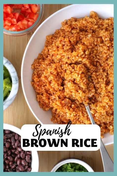 Spanish Brown Rice is a delicious, whole grain side dish that goes perfectly with grilled or roasted meats as well as a hearty base for Burrito Bowls. You can top it with Black Beans, grilled chicken, and your favorite taco toppings for an easy gluten free bowl meal. Brown Rice Burrito Bowl, Spanish Brown Rice, Mexican Burrito Bowl, Mexican Dinner Ideas, Easy Mexican Dinner, Mexican Brown Rice, Rice Bowl Recipes, Gluten Free Bowl, Easy Mexican Recipes