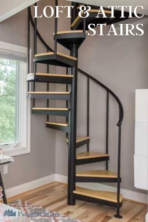 Access your valuable loft or attic space safely with our spiral stair solutions!⁠ Stop using dangerous ladders and upgrade with a custom spiral stair. ⁠ We have over 5,000 design options with a small diameter and footprint to take up minimal floor space while helping you extend your home's floor space. ⁠ Start accessing all your extra space in your apartment, condo, yurt, or tiny home with our special line of attic and loft stairs. Stairs Shoe Storage, Under Stairs Shoe Storage, Spiral Staircase Loft, Stairs For Small Spaces, Small Space Stairs, Small Space Staircase, Loft Stairs Ideas, Spiral Staircase Kits, Loft Attic