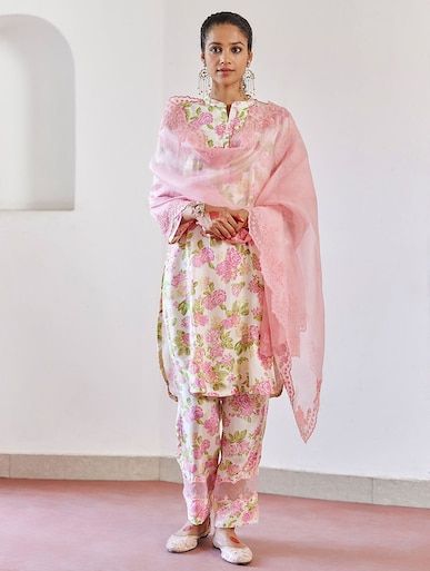 Organza Cord Set, New Suit Design, Floral Suit, Kurta Set For Women, Embroidered Dupatta, Pink Ivory, Boutique Dress Designs, Indian Aesthetic, Boutique Dress