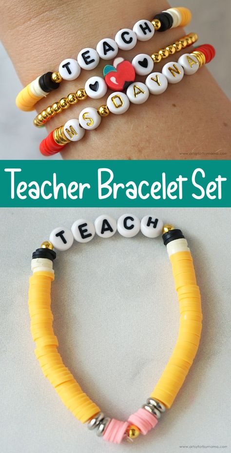 Beaded Mom Bracelet, Polymer Clay Teacher Bracelet, Fimo, Teacher Appreciation Bracelet Ideas, Heishi Bracelet Ideas Teacher, Back To School Jewelry Ideas, Beaded Bracelet With Words, Heishi Teacher Bracelet, Heishi Bracelet Ideas Diy