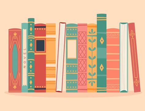 Bookshelf Aesthetic Drawing, Book Spines Design, Home Library Illustration, Book Spine Illustration, Bookshelf Drawing Illustration, Bookshelf Illustration Art, Bookshelf Drawing Reference, Book Spine Drawing, Illustration Of Books