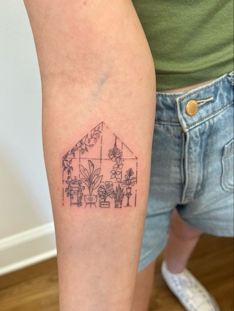 greenhouse tat! Garden Design Tattoo, Tiny Garden Tattoo, The Grass Is Greener Where You Water It Tattoo, Large Fine Line Tattoo Ideas, Farmers Market Tattoo, Plant Tattoo Ideas Simple, Garden Inspired Tattoos, Small Houseplant Tattoo, Simple Cute Tattoo Ideas