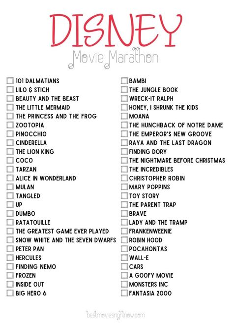 80s Movie Marathon, Walt Disney Movies List, 2000s Kids Movies, Disney Movie Marathon List, Movie Marathon List, Disney Movie List, Disney Movie Marathon, Disney List, Disney Movies List