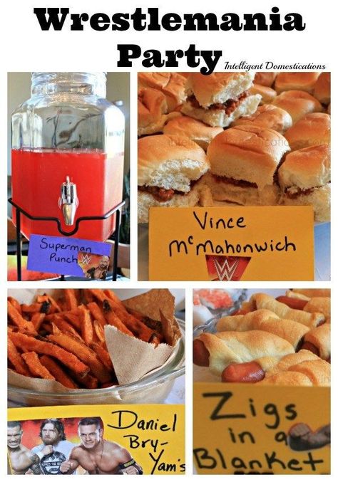 Planning a Wrestlemania party is always the most fun. With WWE Pun Named party food and drinks, we know the menu will be yummy. This is one of our Wrestlemania parties with all the food and decor ideas. #WWEparty Wwe Food Puns, Wrestlemania Party, Dessert Pun, Pun Names, Wwe Birthday Party, Wrestling Party, Wwe Party, Wwe Birthday, Movie Birthday Party