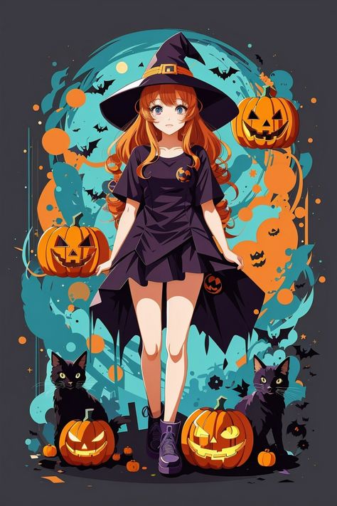 Halloween Anime Background, Halloween Character Art, Halloween Wallpaper Anime, Witch Anime Art, Black Halloween Outfit, Halloween Anime Art, Halloween Anime Wallpaper, Anime Halloween Wallpaper, Line Art Graphic Design