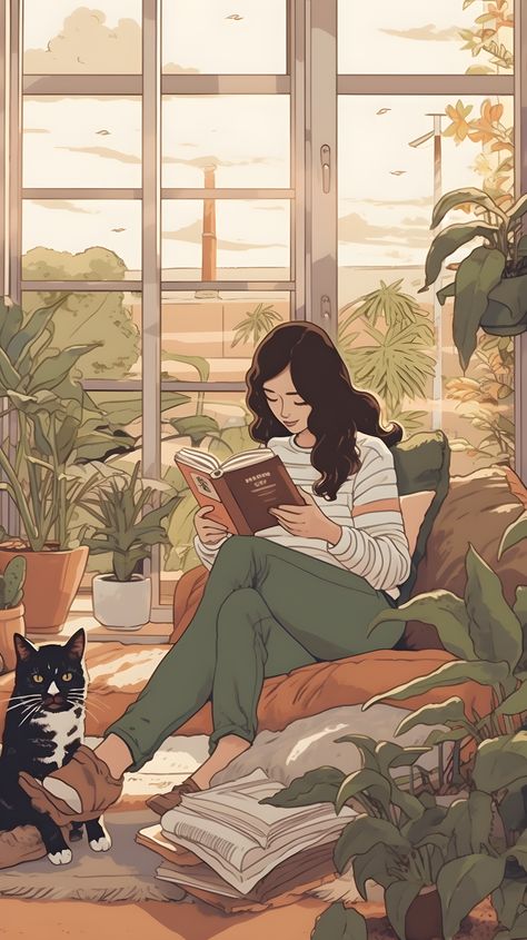 Step into a world of cozy tranquility with this captivating animated gif featuring a girl engrossed in a book in a cozy apartment, accompanied by a charming cat and surrounded by lush greenery. The trace monotone and pastel hues create a soft and dreamy atmosphere that is perfect for transforming your phone into a serene sanctuary. Download this enchanting image and let the cozy apartment serenity accompany you on your daily adventures, inspiring moments of escape and wonder. Tolino, Cozy Drawing, Cozy Illustration, Dreamy Atmosphere, Anime Woman, Daily Moments, Cute Simple Wallpapers, Girly Art Illustrations, Illustration Art Girl