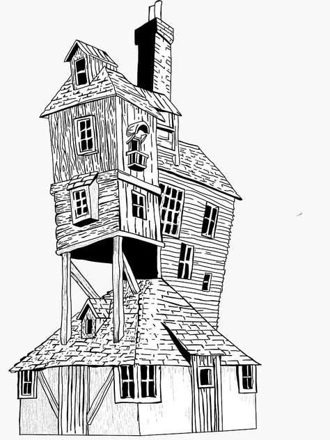 "The Burrow" Sticker by Erinmoran | Redbubble The Burrow Illustration, Croquis, Weasly House Drawing, The Burrow Painting, The Burrow Drawing, The Burrow Tattoo, Harry Potter The Burrow, The Weasley Family, Harry Potter Journal