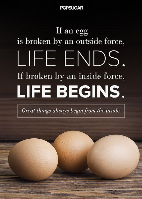 "If an egg is broken by an outside force, life ends. If broken by an inside force, life begins. Great things always begin from the inside." Food For Thought, Humour, Wall Quotes, Wisdom Quotes, Life Changing Quotes, Powerful Quotes, Quotable Quotes, A Quote, Inspirational Quote