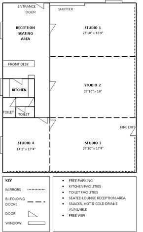 Studio Floor Plan. From what I can tell the dimensions are generally 8.5m x 5.5m rooms. Interesting. Dance Studio Floor, Yoga Studio Interior, Plan Studio, Dance Studio Design, Dance Studio Decor, 1million Dance Studio, Dance Hip Hop, Studio Floor Plans, Photography Studio Design