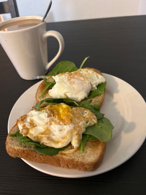 Toast over easy eggs and spinach Spinach Breakfast Ideas, Eggs And Spinach Breakfast, Egg Toast Ideas, Egg Meal Ideas, Eggs Breakfast Healthy, Egg On Bread, Breakfast Ideas Eggs, Egg And Spinach Breakfast, Breakfast Pics