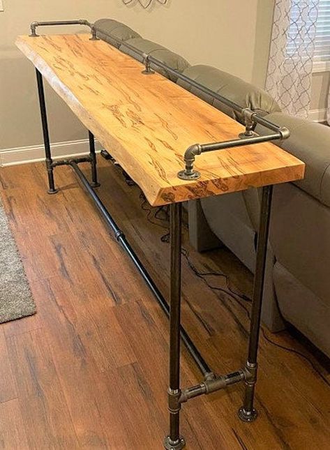 Diy Industrial Bar Table, Black Pipe Table Base, Wood And Pipe Table, Pipe Bar Table, Diy Farmhouse Sofa Table, Diy Pub Table Ideas, Pub Table Diy, Octagon Cabin, Metal Pipe Projects