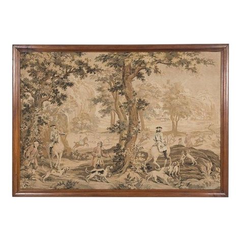 A large, highly decorative and framed French tapestry from a hunting lodge in Normandy, circa 1920s. This beautiful tapestry is in original condition and depicts a hunting scene in neutral tones of browns, greens, and taupes. Walnut frame. A wonderful addition to a library, living room, dining room, or foyer.  Dimensions: H - 59.5" W - 84" D - 1.25" Library Living Room, Beautiful Tapestry, French Tapestry, Hunting Scene, French Walls, Hunting Lodge, Tapestry Weaving, Early 1900s, French Art