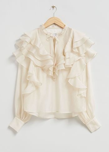 Ruffle Tops Outfit, Plunge Blouse, Tie Neck Top, White Ruffle Top, White Ruffle Blouse, Frilly Blouse, Fall Blouse, Tie Neck Tops, Chic Blouses