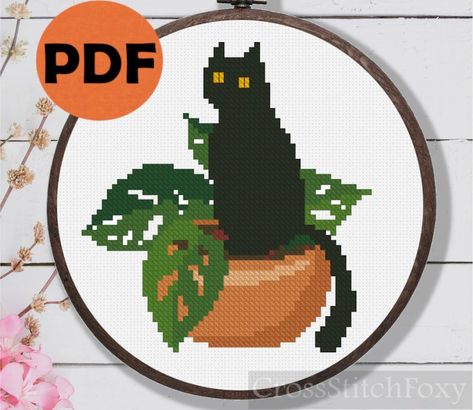 Black Cat With Home Plant Cross Stitch Pattern PDF, Tiny Cat Silhouette With Monstera Plant Cross Stitch Pattern, Small Cross Stitch Pattern - Etsy France Plant Cross Stitch Pattern, Plant Cross Stitch, Plante Monstera, Black Cat Cross Stitch, Boho Cross, Tiny Cats, Small Cross Stitch, Animal Cross Stitch Patterns, Cat Cross Stitch