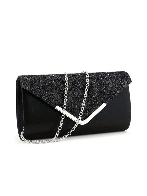 Black Glamorous,Minimalist Collar  Glitter Plain Envelope Bag Embellished   Women Bags Black Sparkly Clutch, Prom Purses, Prom Bags, Dinner Banquet, Black Clutch Purse, Silver Clutch Bag, Prom Bag, Prom Purse, V Design