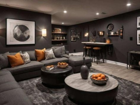 Grey Floor Basement, Basement Ceiling Black Paint, Black Finished Basement, Family Room Dark Walls, Dark Theme Home Decor, Charcoal Gray Living Room Ideas, Black Wall Basement, Dark Blue Basement, Dark Moody Basement Ideas