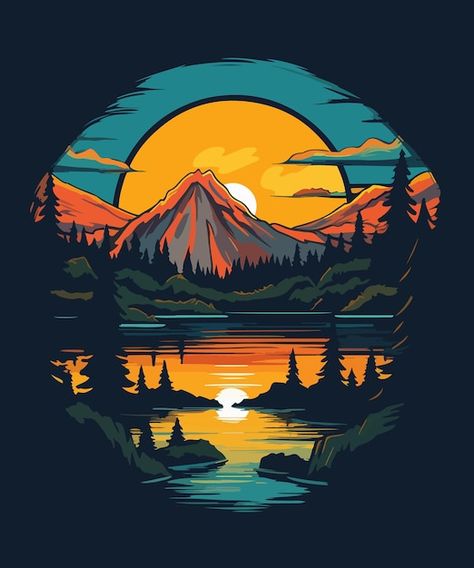 Vector the mountain in the lake art prin... | Premium Vector #Freepik #vector Lake Logos Design, Premium Vector Art, Mountain Vector Art, Lake Logo Design Ideas, Logo Designs Ideas, Graphic Design Art Artworks, Tshirt Art Design, Mountain Vector Illustration, Mountains Art Painting