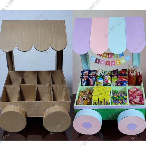 R.A DIY Ideas - No need to buy or rent candy buffet... | Facebook Sweets Cake, Diy Candy Cart, Candy Stand, Candy Storage, Cardboard Crafts Diy, Christmas Float, Personalised Gifts Diy, Cardboard Box Crafts, Candy Cart