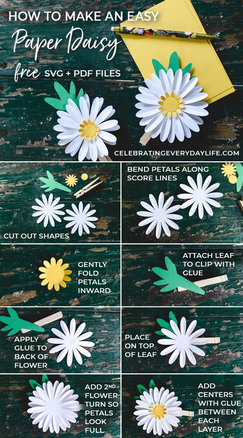 Learn How to Make an Easy Paper Daisy! Available as a Free SVG File or PDF template, this craft comes together in minutes! It's perfect for beginner paper crafters or more experienced pros! Anyone who needs a cute gift in a hurry! It makes a great Girl Scout Craft too! Diy Flores, Paper Daisy, Fleurs Diy, Folding Origami, Paper Flower Crafts, Gift Tags Diy, Diy Papier, Paper Flower Template, Paper Flowers Craft