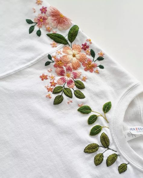 Hand embroidered details 🌻💕 . . . . #embroidery #handembroidery #dmc #dmcthreads #dmcembroidery #etsy #upcycled #slowfashion… | Instagram Embroidery On T Shirt, Embroidery On Shirts, T Shirt Embroidery, Clothes Embroidery Diy, Beaded Shirt, Abstract Embroidery, Embroidery Tshirt, Handmade Embroidery Designs, Basic Embroidery Stitches